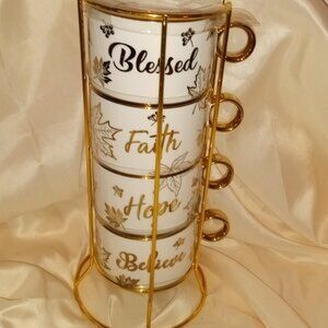 BEAUTIFUL FALL BLESSED, FAITH, HOPE & BELIEVE STACKING GOLDEN MUGS, SET OF 4